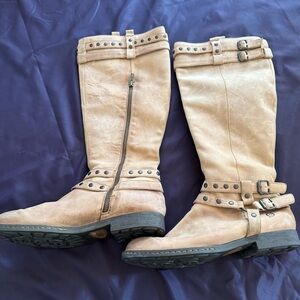 Born Women's‎ Tan Leather Moto Boots with Studded Accents-Size 9.5